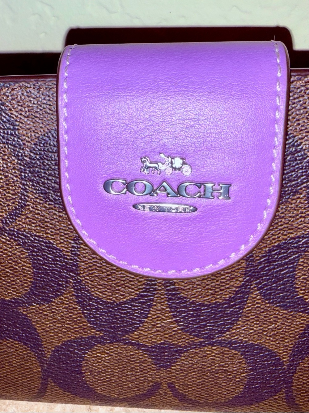 Coach Brown Signature Wallet with Purple Tab - Picture 2 of 5